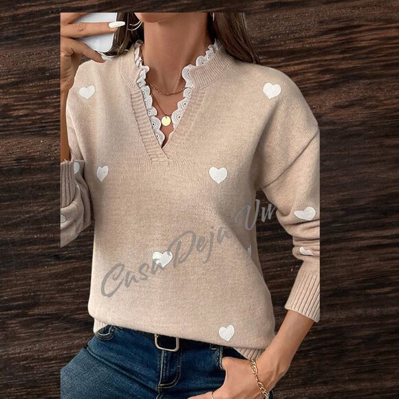 Pretty Preppy Slouchy Lace Notch Collar Long Sleeve Soft Baggy Fuzzy Sweater - Picture 5 of 10